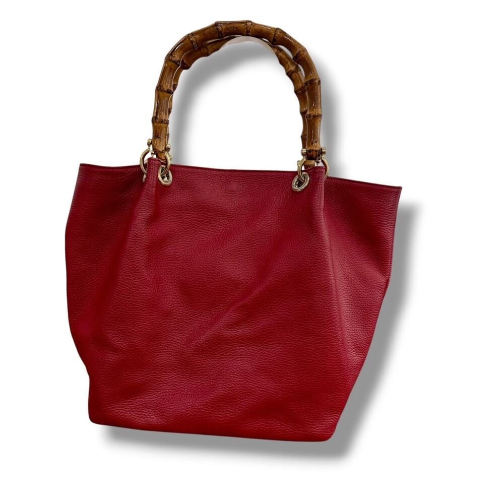 Maurizio Taiuti Red Leather Bamboo Handle Satchel Handbag Bag Made in Italy